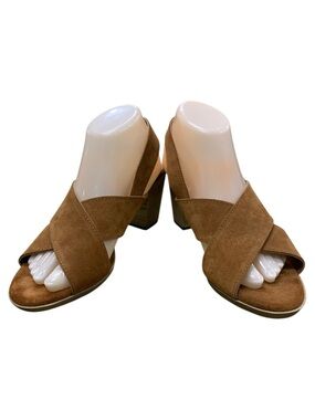 Mariella Made In Italy Suede Crisscross Block Heel Mules in Brown S9